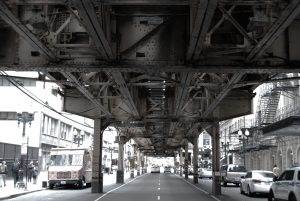 Photo of Chicago's elevated trains from street level