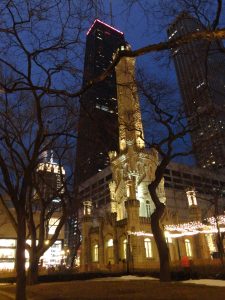 Evening photo of Water Tower Place and the John Hancock building, Chicago